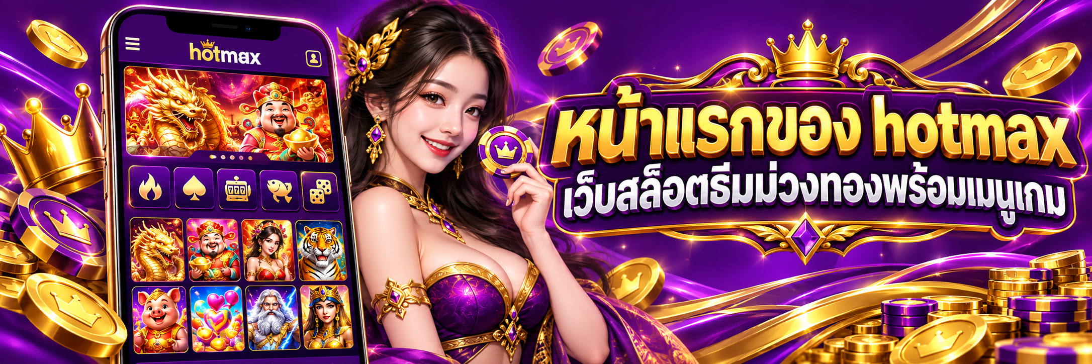 หน้าแรกของ hotmax เว็บสล็อตธีมม่วงทองพร้อมเมนูเกม