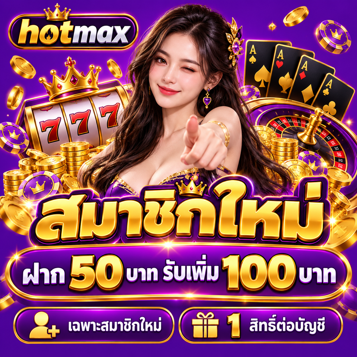 โปรโมชั่น hotmax สมาชิกใหม่ ฝาก 50 บาท รับเพิ่ม 100 บาท